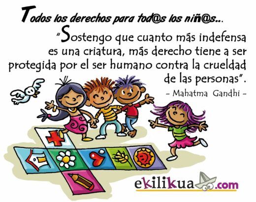 Ilustración de cuatro niños alegres de diversas apariencias jugando en un balancín de colores, con una cita de Mahatma Gandhi sobre los derechos del niño en español y un pájaro volando sosteniendo un símbolo de la paz.
