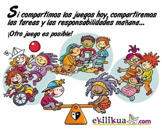 Ilustración de niños diversos jugando y compartiendo juguetes con un texto en español que se traduce como "Si compartimos juegos hoy, compartiremos tareas y responsabilidades mañana... ¡Otro juego es posible!.