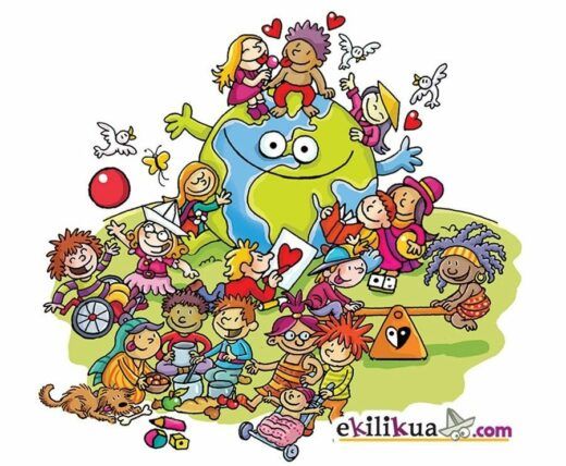 Ilustración de niños diversos y alegres jugando alrededor y encima de un globo sonriente. Tienen juguetes y el ambiente es alegre con mariposas y un corazón que simboliza el amor y la armonía.