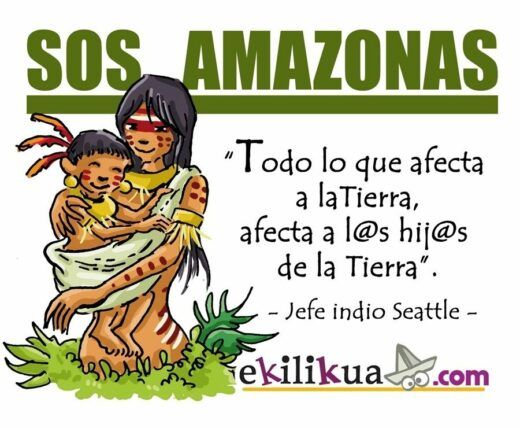 Ilustración de un indígena sosteniendo a un niño con una cita sobre la interconexión de la Tierra, junto al texto "SOS AMAZONAS". También se muestra el sitio web tekilfudia.com.