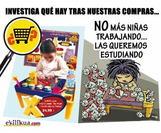 Imagen dividida en dos. El lado izquierdo muestra a un niño pequeño trabajando en un escritorio con juguetes. El lado derecho tiene un dibujo de un niño dormido sobre libros rodeado de felices personajes de virus. El texto habla de investigar detrás de nuestras compras y de preferir que las niñas estudien.