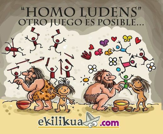 Ilustración de una familia prehistórica jugando con una variedad de juguetes, como peonzas y globos, bajo el título "Homo Ludens - Otro Juego Es Posible". La escena incluye coloridos dibujos de flores y divertidos símbolos de fondo.