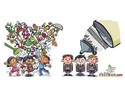 Ilustración que contrasta la educación creativa y la estructurada: a la izquierda, niños alegres juegan entre símbolos coloridos y diversos de creatividad; a la derecha, niños sombríos vestidos de uniforme bajo un embudo gris que distribuye alfabetos y números.